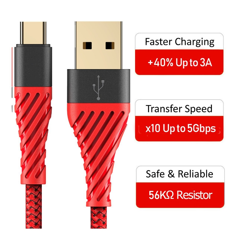 USB C Cábla 3.0, Cábla USB C Cárta Cárta Fón Póca a Ghearradh go tapa ar USB le haghaidh Cárta Fón Póca le haghaidh Samsung Galaxy S8, S9 Plus, Nóta 8, LG v20, G6, G5, v30, Google Picteilín 2 XL, Dearg Pacáiste Nexus 6-3